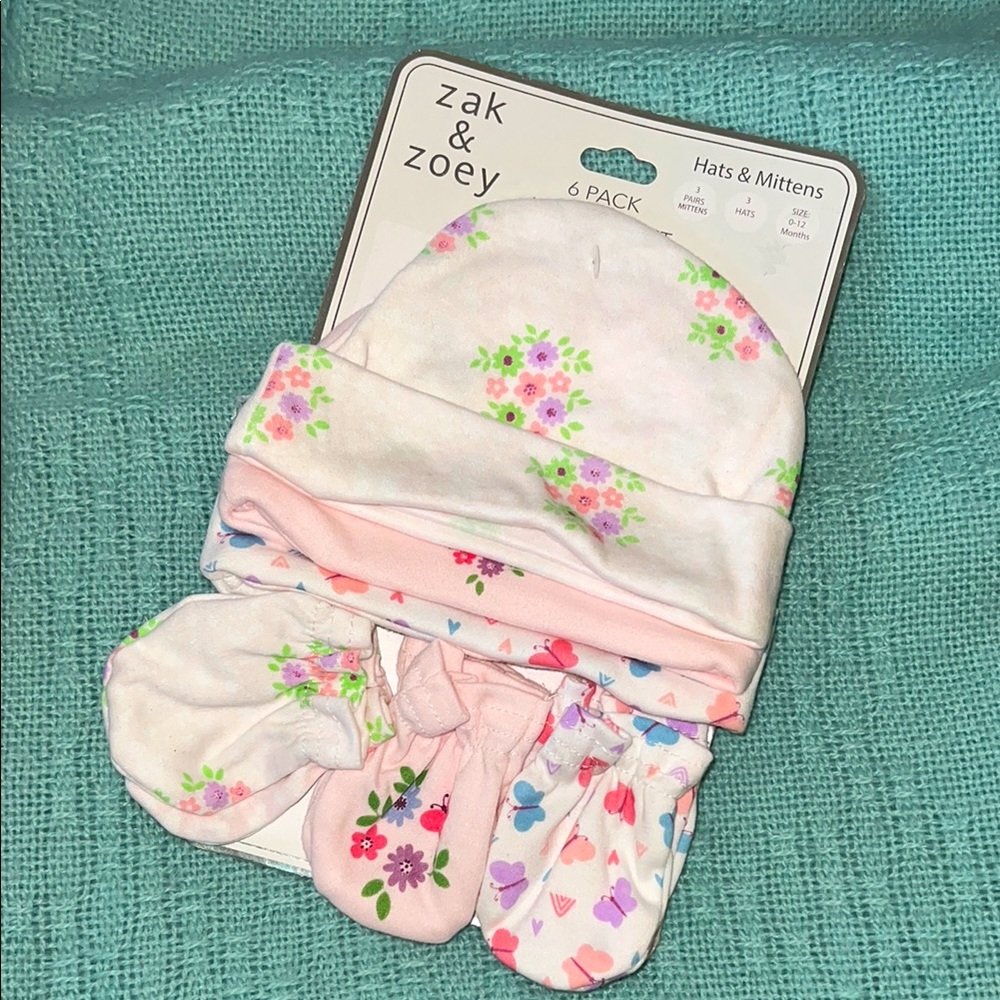 Zack & Zoey Floral Baby Hat and Mittens Set nwt